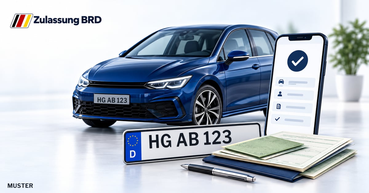 Online Fahrzeugzulassung in Kronberg im Taunus: Musterkennzeichen HG AB 123, Auto und Fahrzeugpapiere und Smartphone. Illustration mit Logo von Zulassung BRD.
